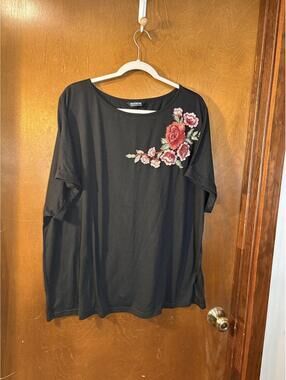 Bloomchic Black Top with Embroidered Floral Detail, Size US 18-20